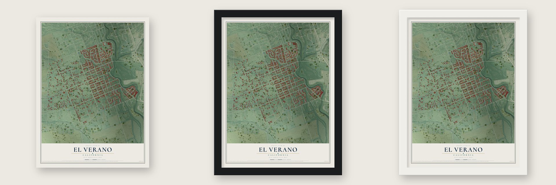 El Verano, California map unframed, in a black wood frame and in a white wood frame