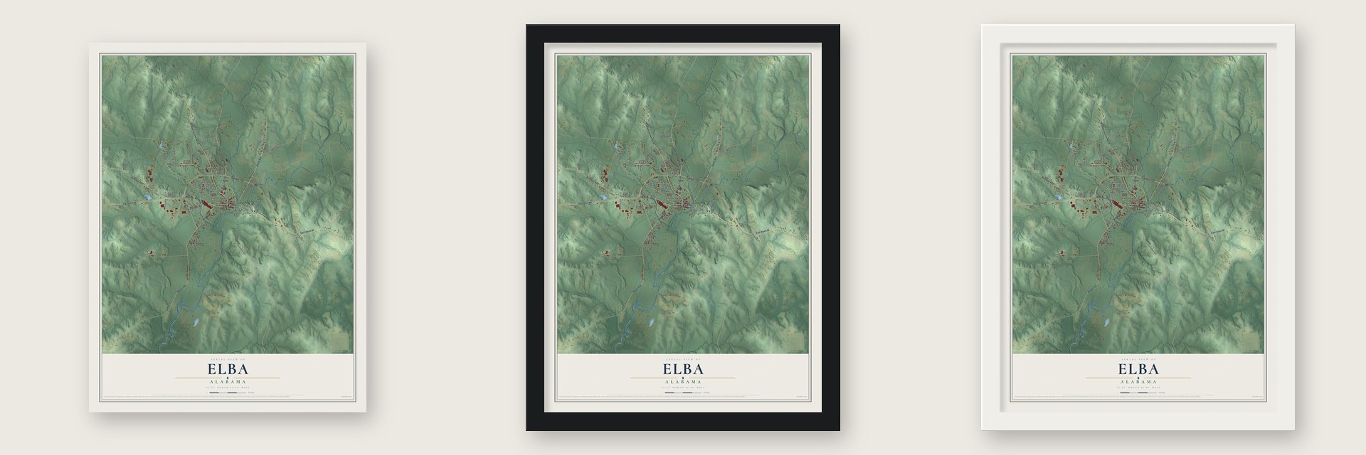 Elba, Alabama map unframed, in a black wood frame and in a white wood frame