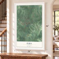 Elba, Alabama map, 24 x 36 inch print in a white frame by a staircase