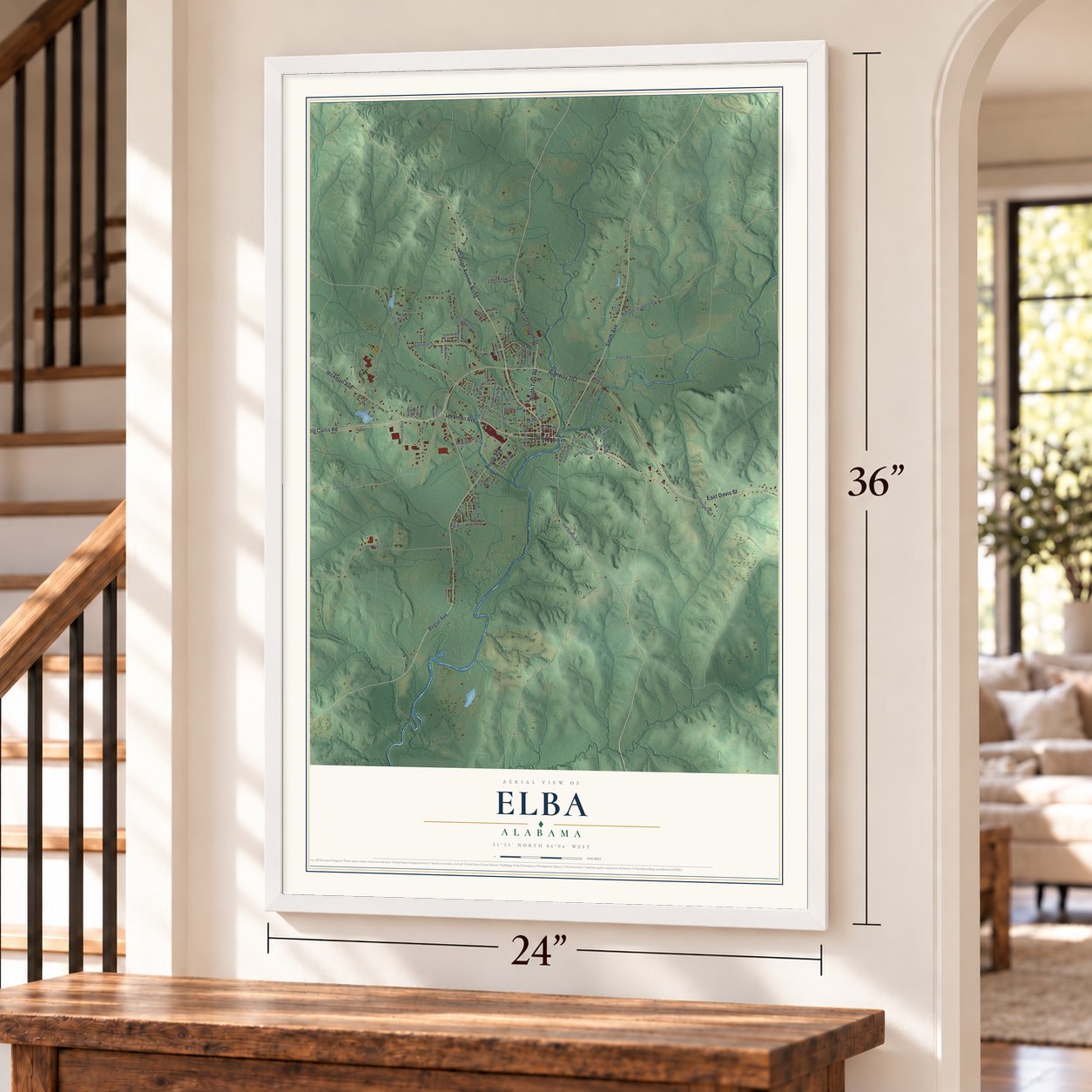 Elba, Alabama map, 24 x 36 inch print in a white frame by a staircase