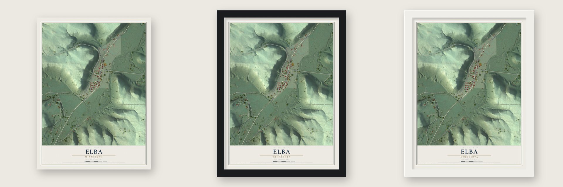 Elba, Minnesota map unframed, in a black wood frame and in a white wood frame