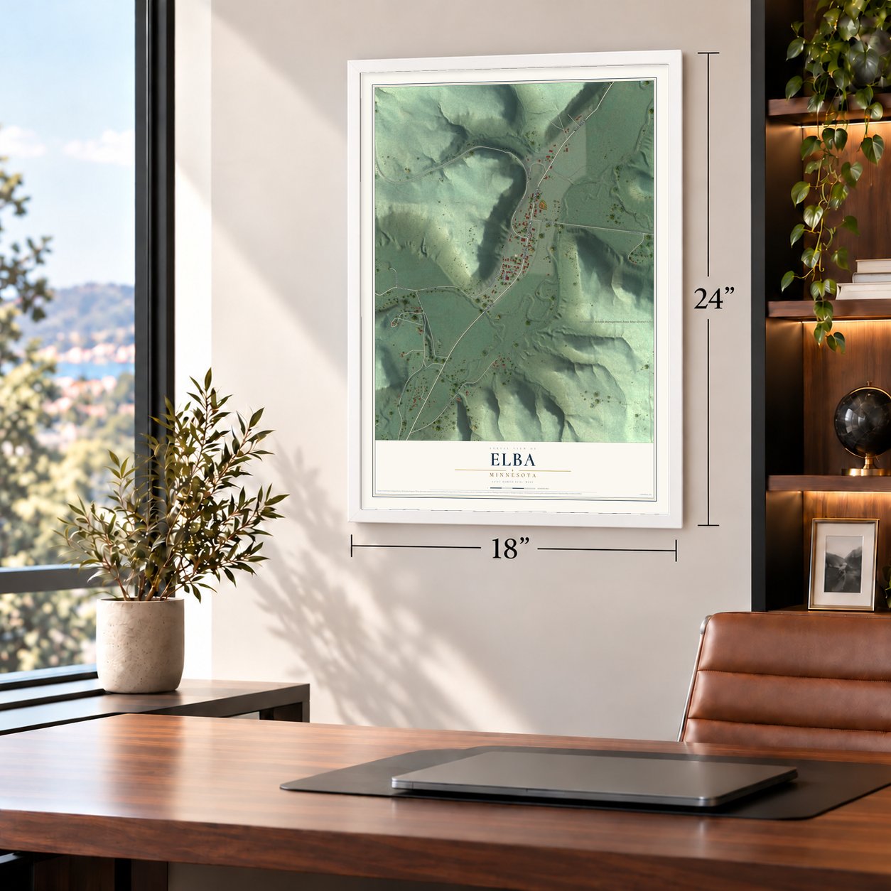 Elba, Minnesota map, 18 x 24 inch print in a white frame in a home office