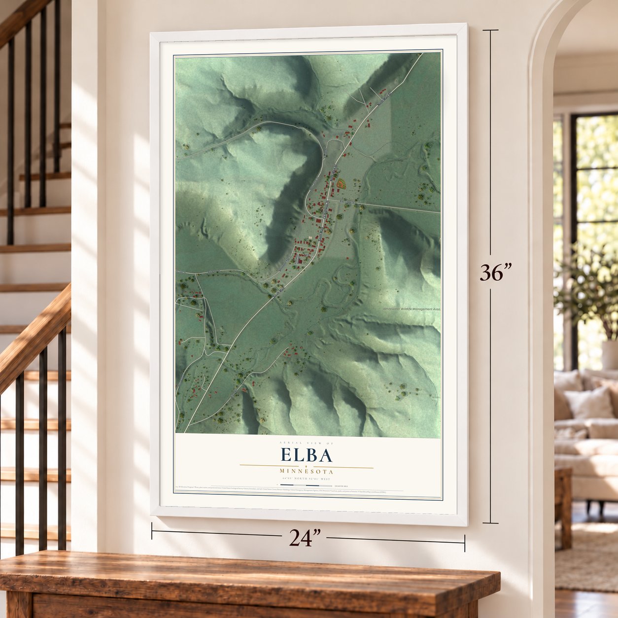 Elba, Minnesota map, 24 x 36 inch print in a white frame by a staircase