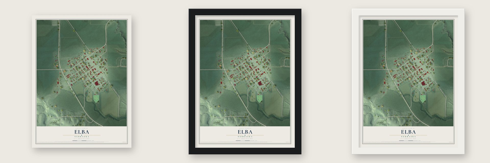 Elba, Nebraska map unframed, in a black wood frame and in a white wood frame