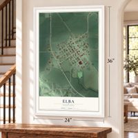 Elba, Nebraska map, 24 x 36 inch print in a white frame by a staircase