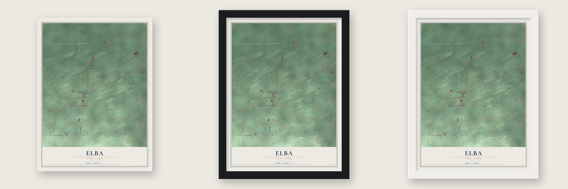 Elba, New York map unframed, in a black wood frame and in a white wood frame