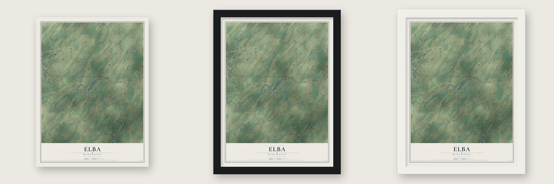 Elba, Wisconsin map unframed, in a black wood frame and in a white wood frame