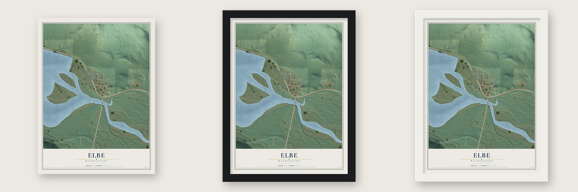 Elbe, Washington map unframed, in a black wood frame and in a white wood frame