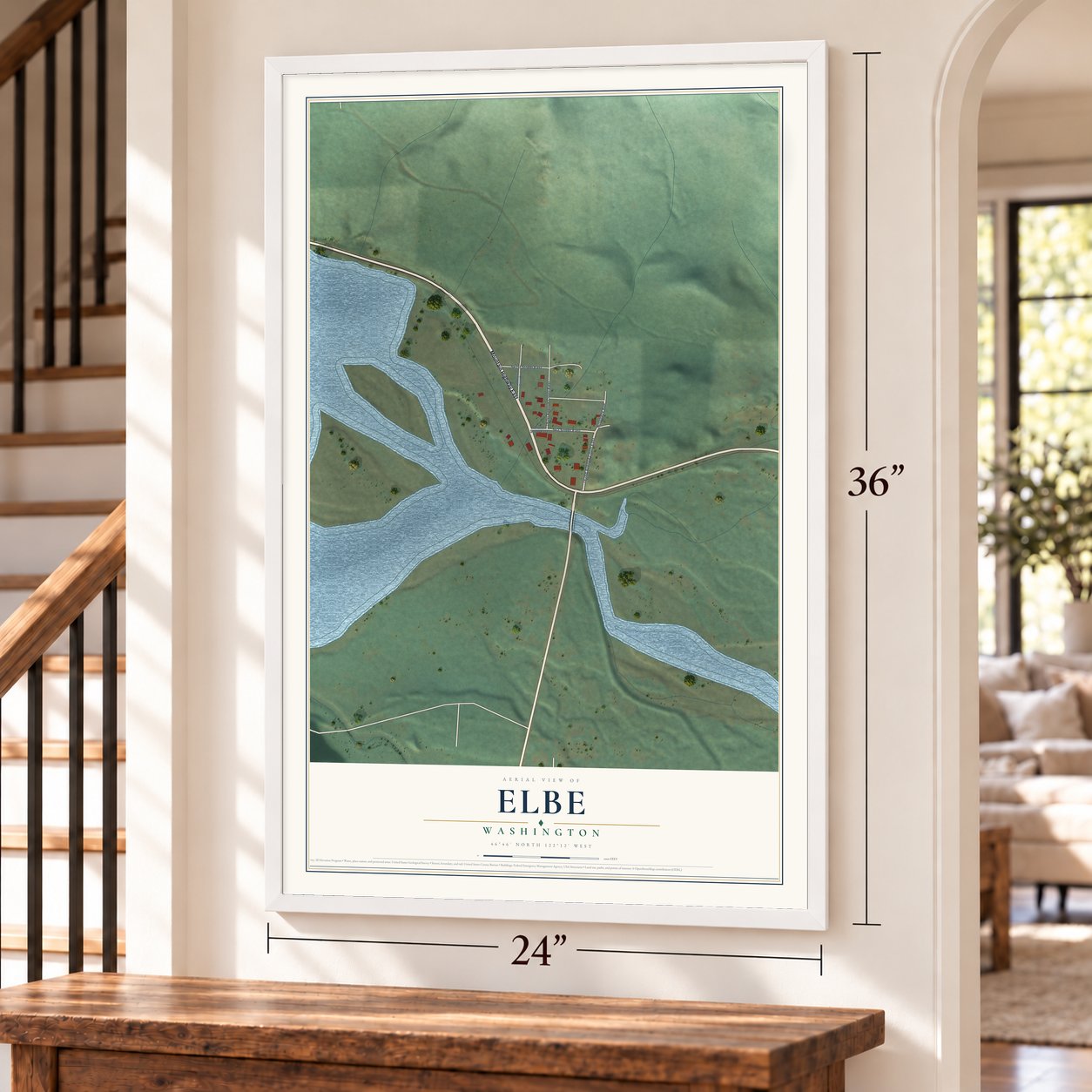 Elbe, Washington map, 24 x 36 inch print in a white frame by a staircase