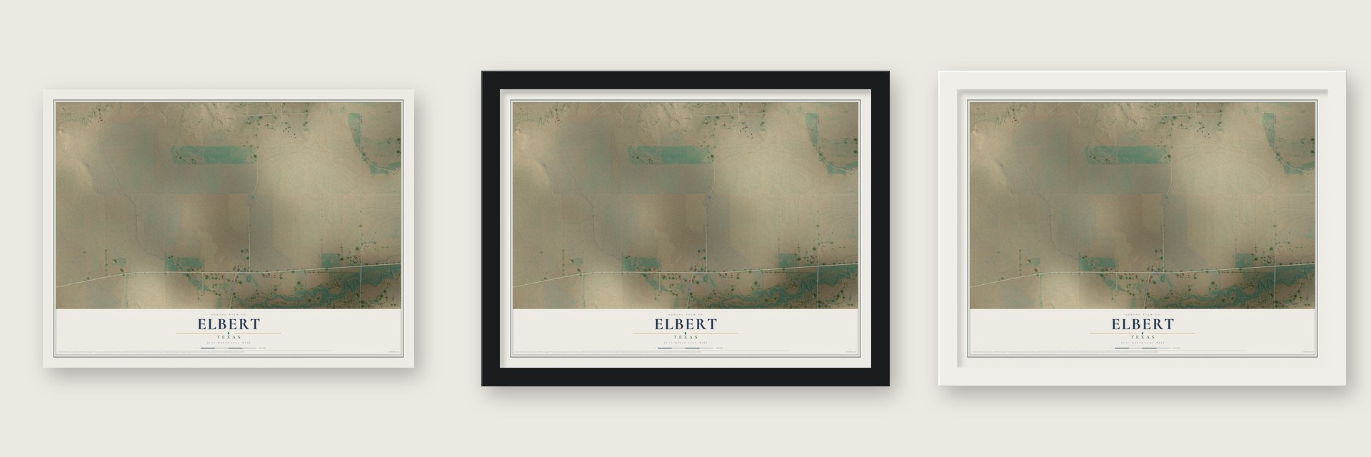 Elbert, Texas map unframed, in a black wood frame and in a white wood frame