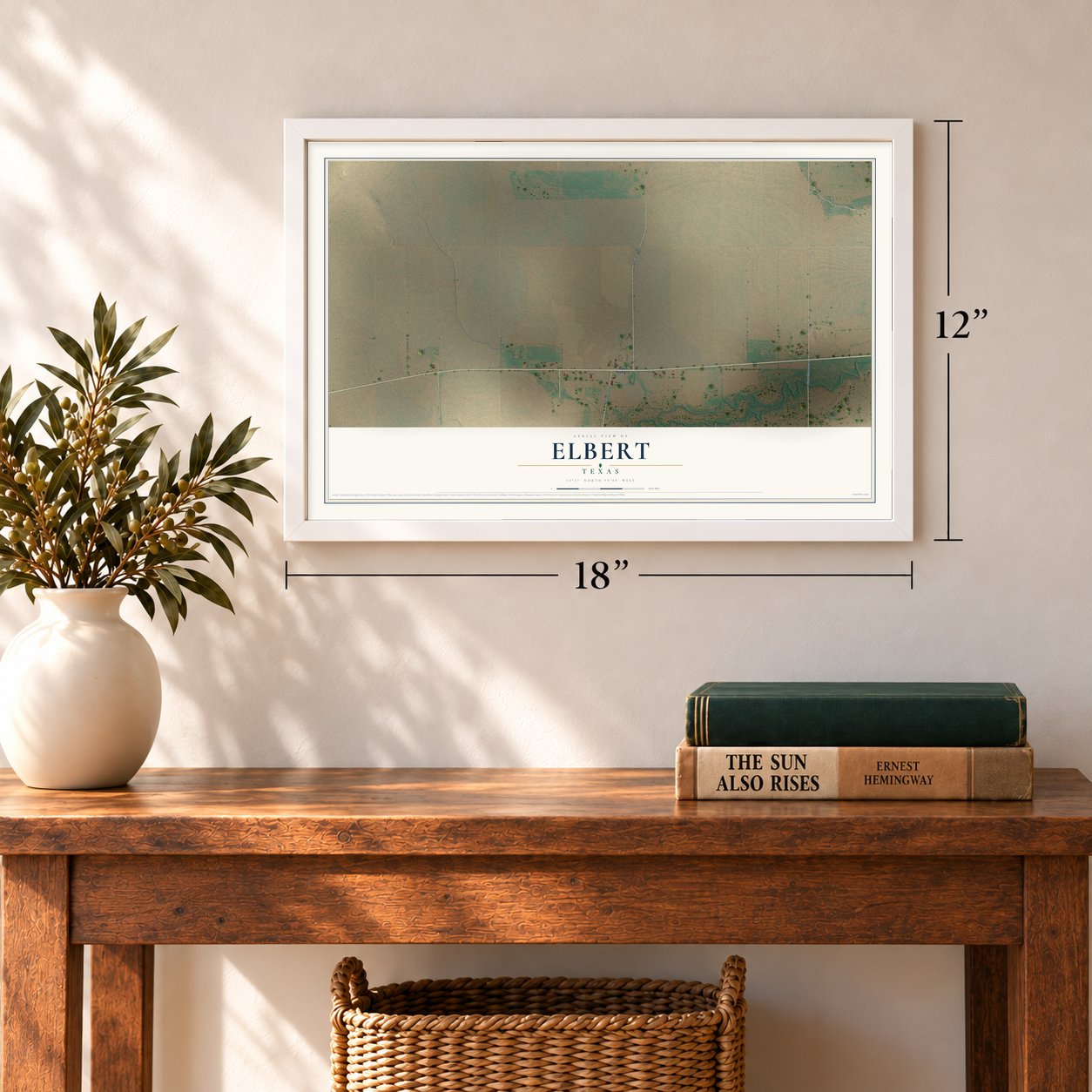Elbert, Texas map, 12 x 18 inch print in a white frame in an entryway