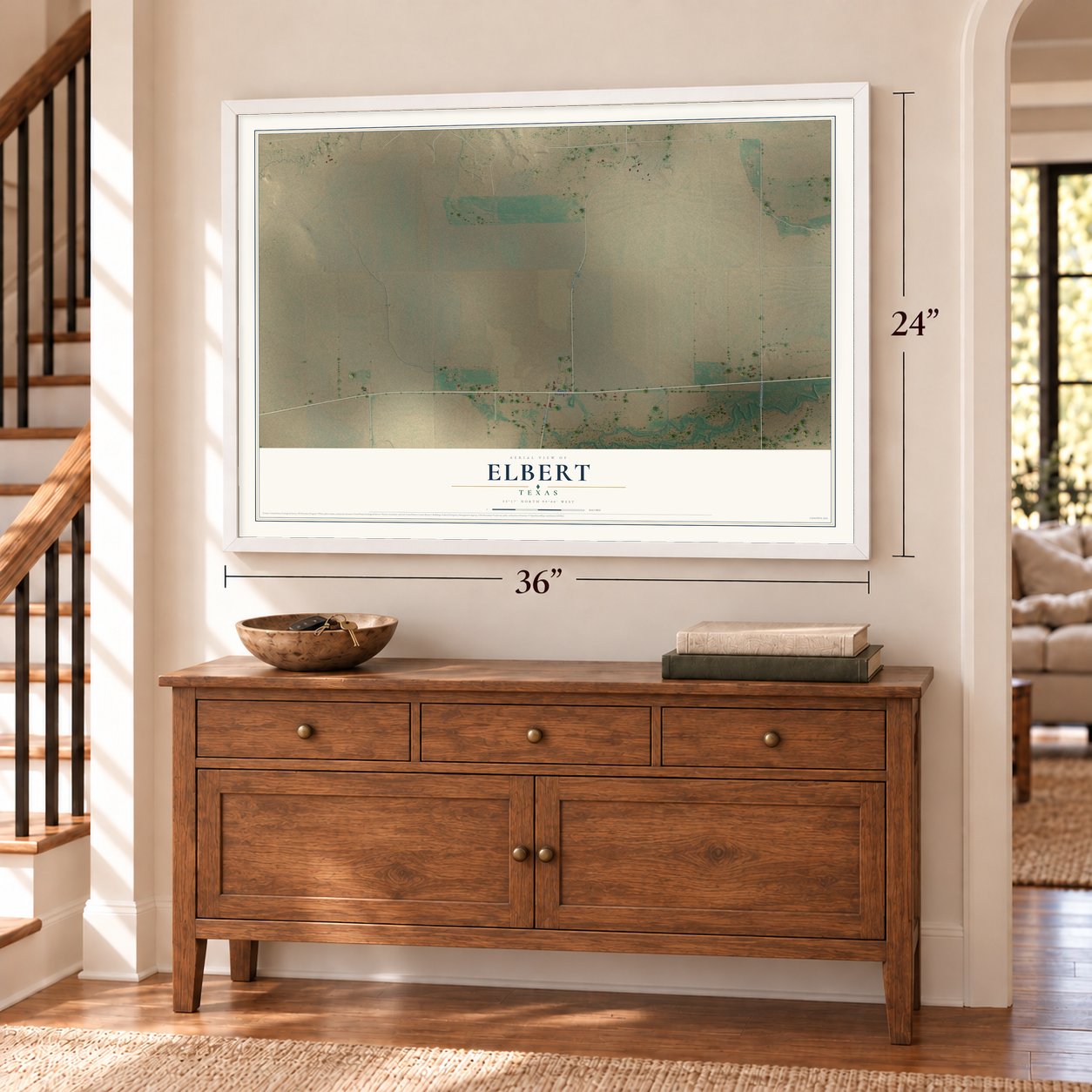 Elbert, Texas map, 24 x 36 inch print in a white frame above a dresser by a staircase