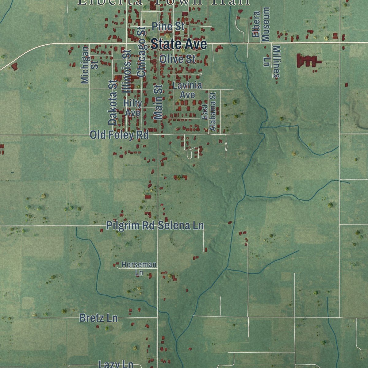 Second close-up of the map of Elberta, Alabama print showing more streets and buildings