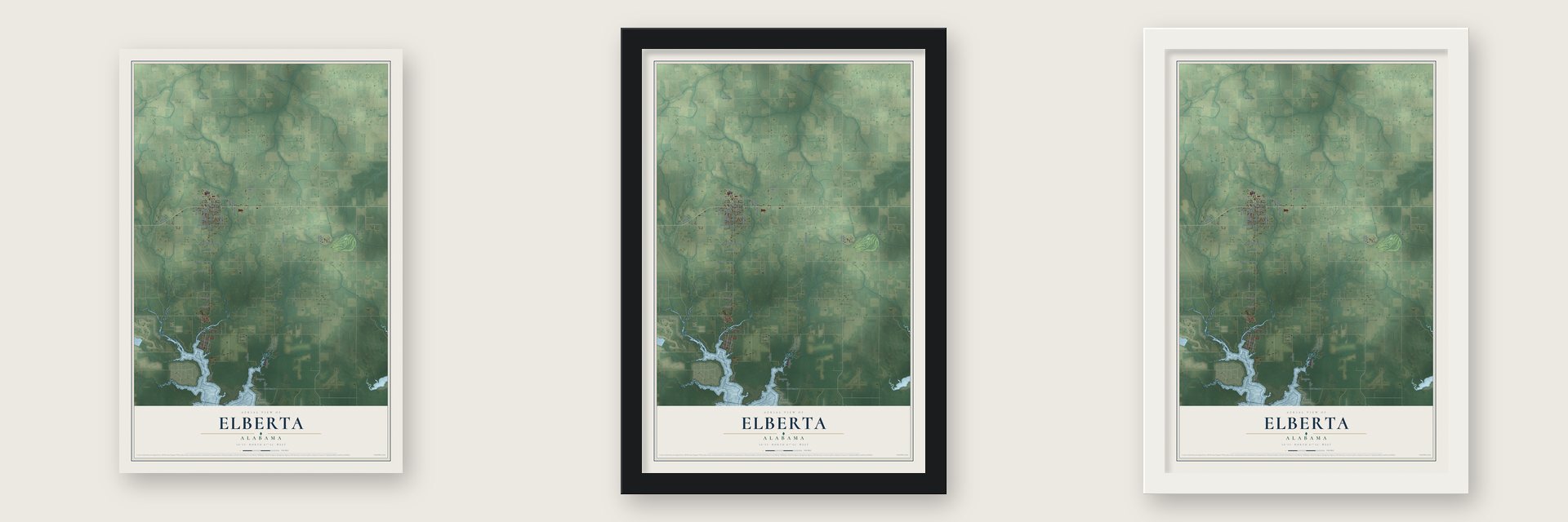 Elberta, Alabama map unframed, in a black wood frame and in a white wood frame