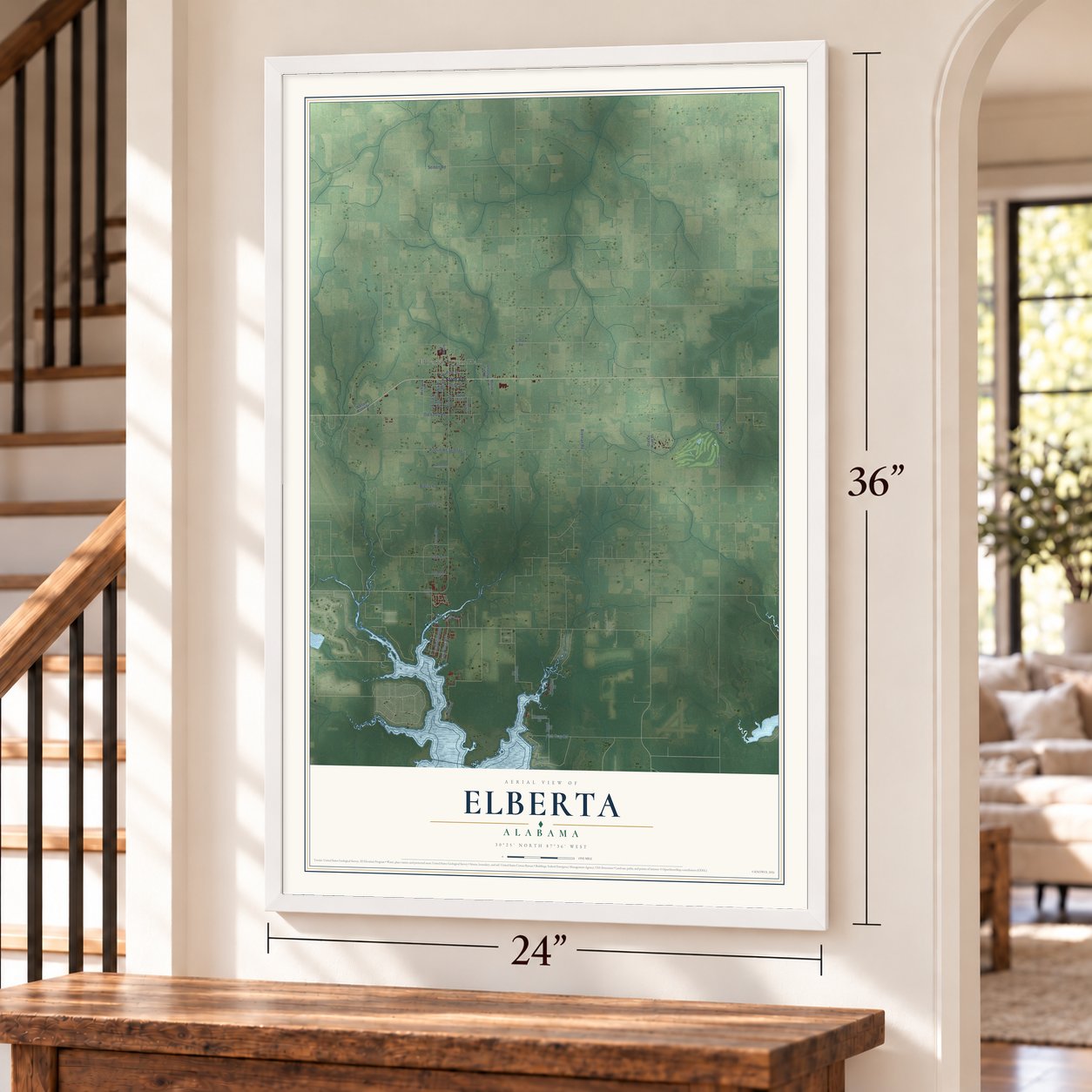 Elberta, Alabama map, 24 x 36 inch print in a white frame by a staircase