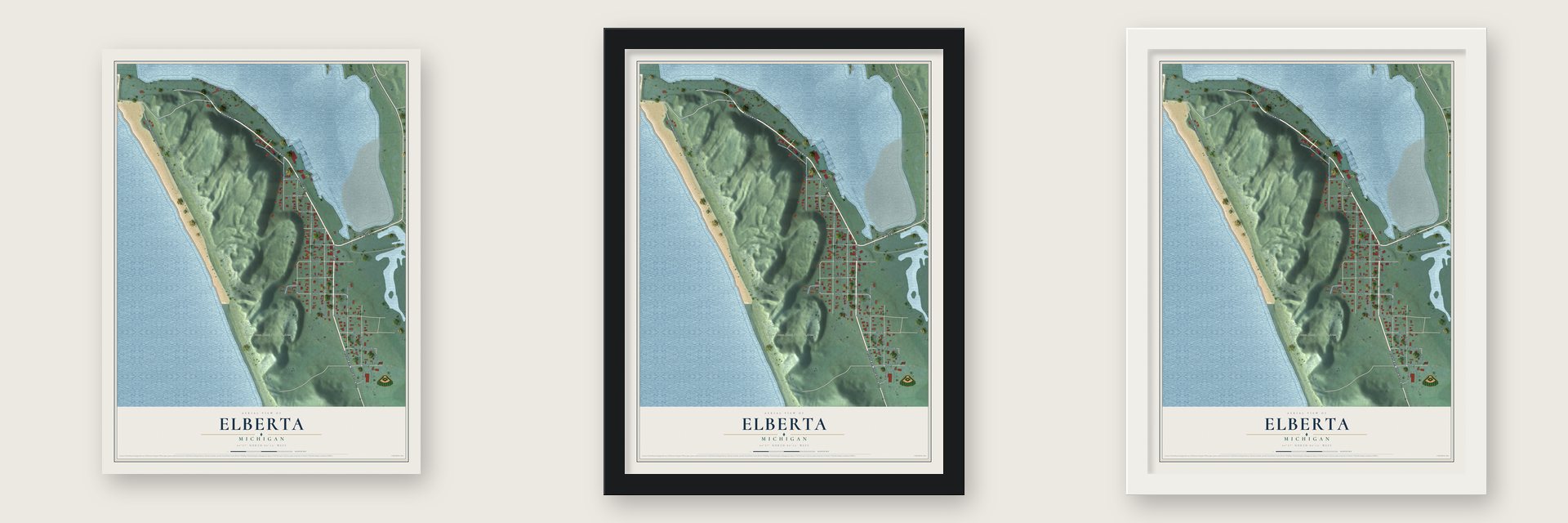 Elberta, Michigan map unframed, in a black wood frame and in a white wood frame