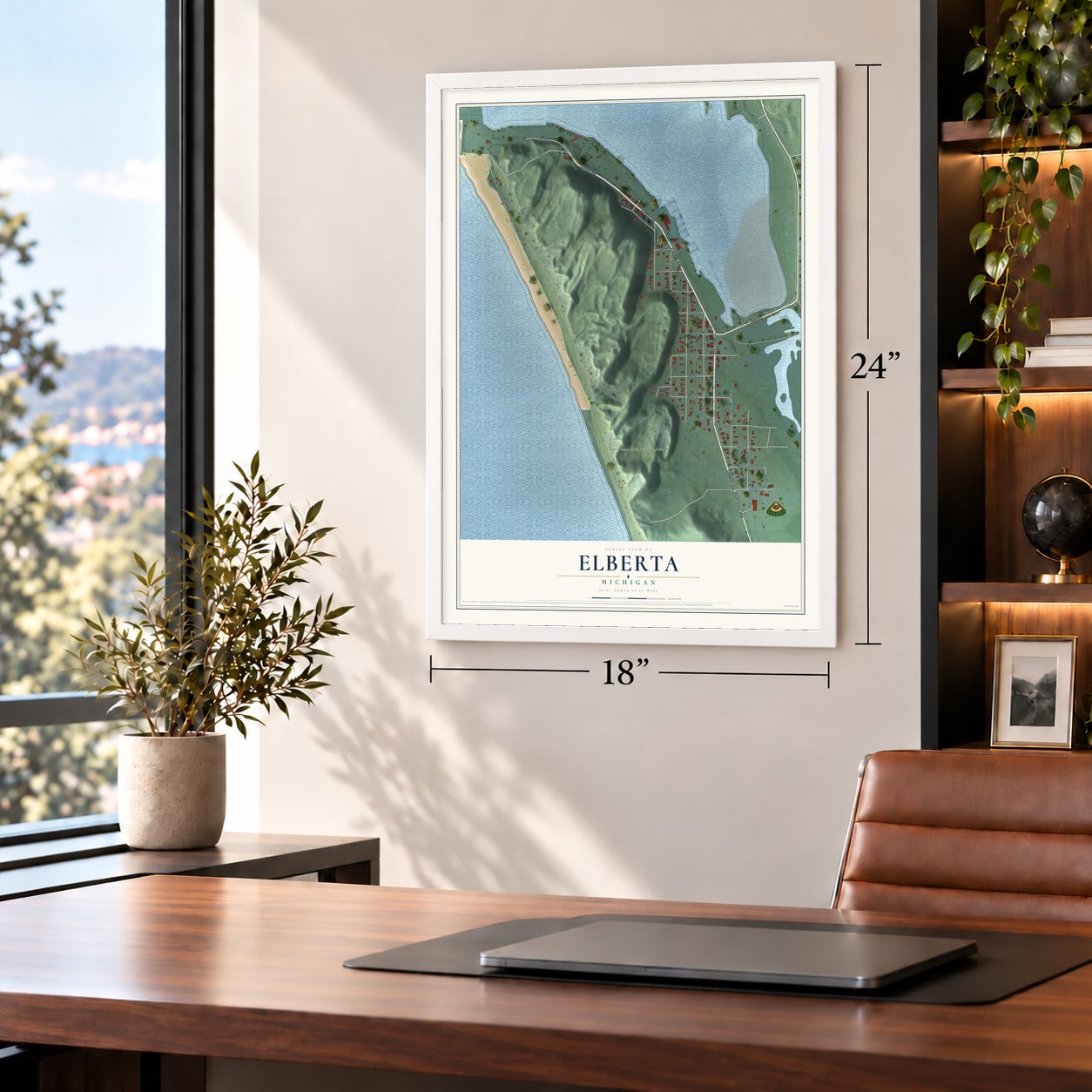 Elberta, Michigan map, 18 x 24 inch print in a white frame in a home office