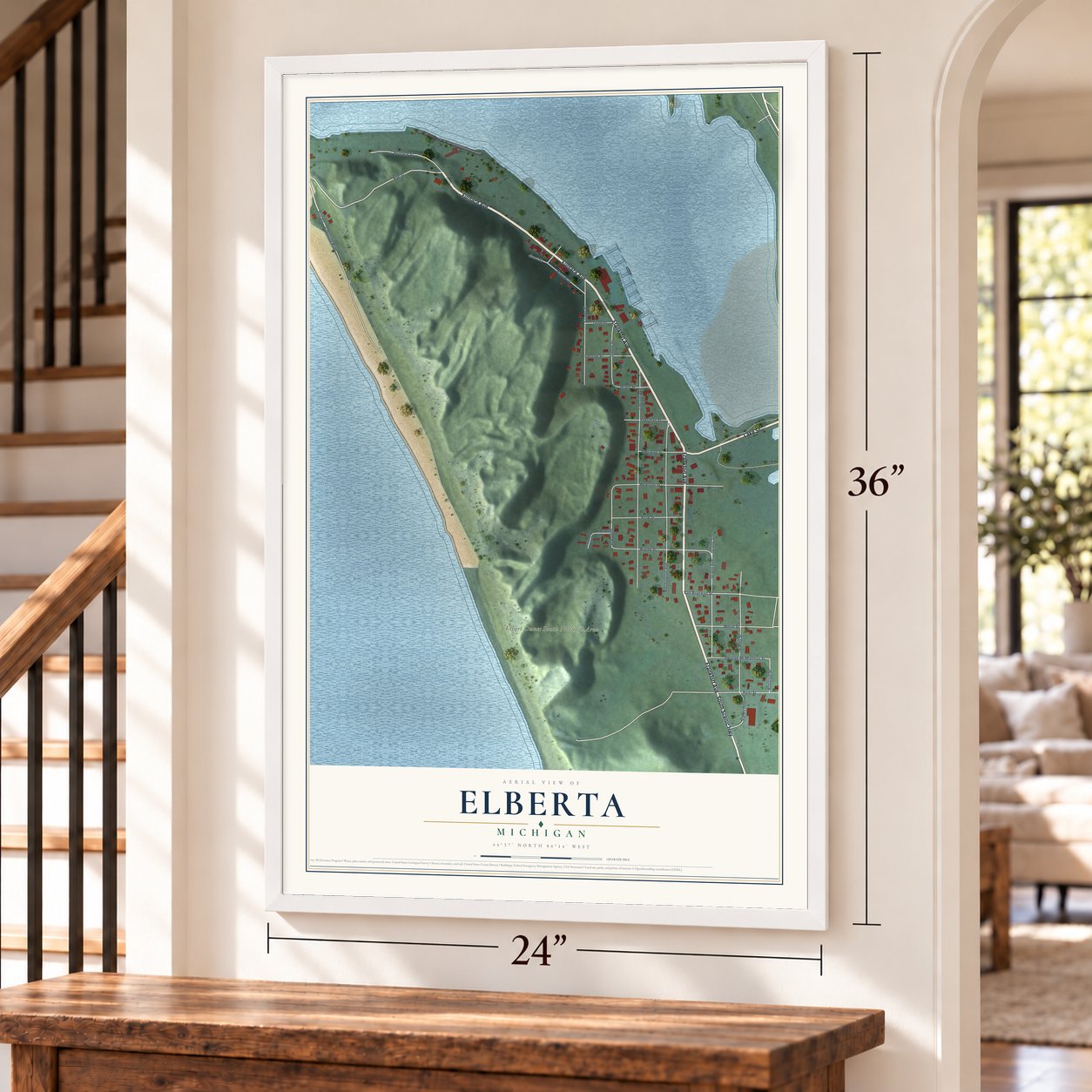 Elberta, Michigan map, 24 x 36 inch print in a white frame by a staircase