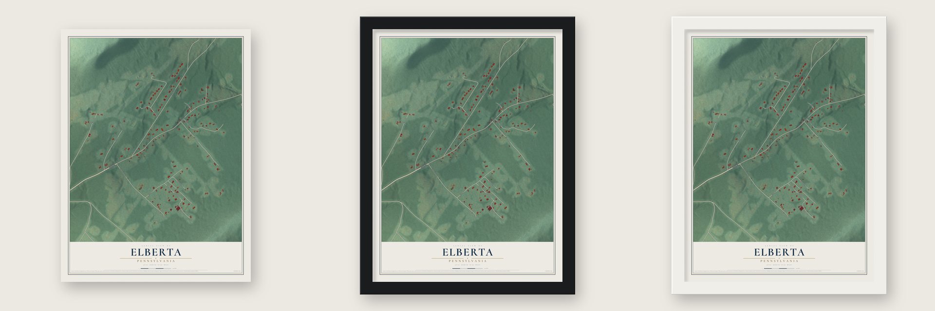 Elberta, Pennsylvania map unframed, in a black wood frame and in a white wood frame