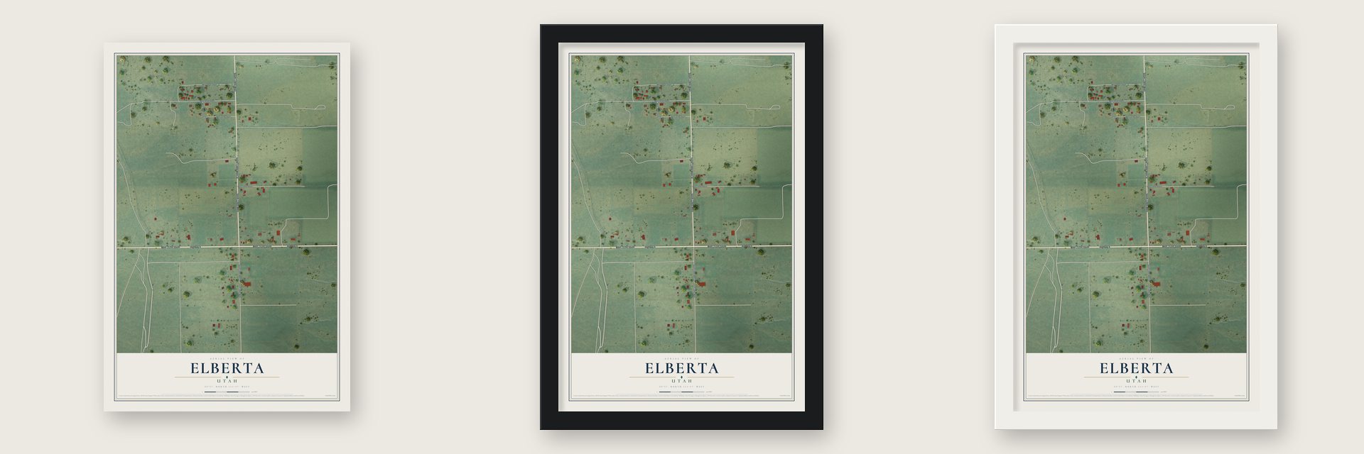 Elberta, Utah map unframed, in a black wood frame and in a white wood frame
