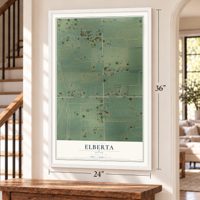 Elberta, Utah map, 24 x 36 inch print in a white frame by a staircase