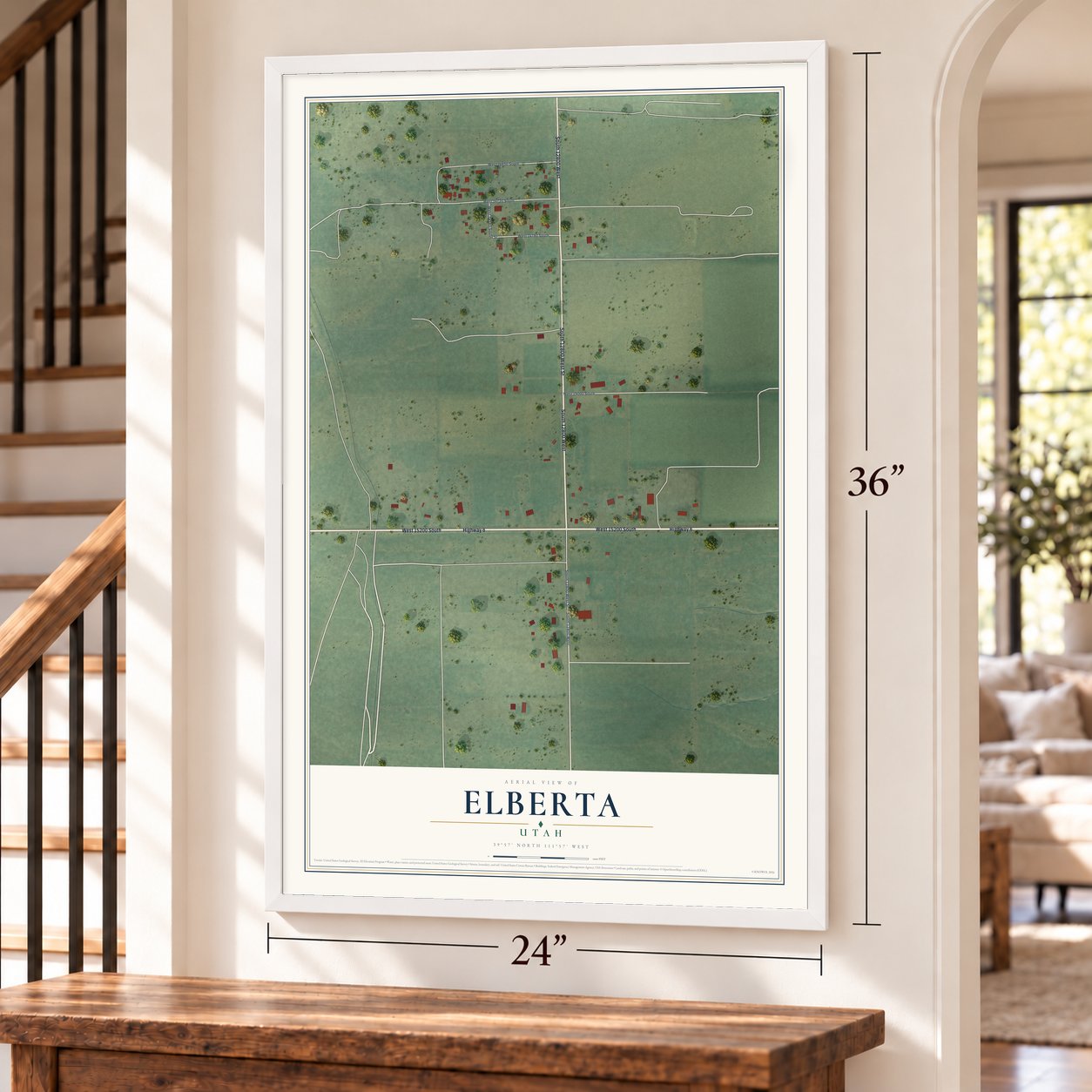 Elberta, Utah map, 24 x 36 inch print in a white frame by a staircase