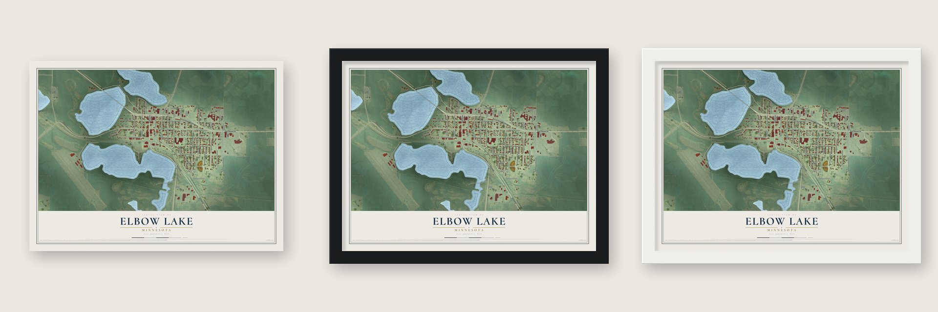Elbow Lake, Minnesota map unframed, in a black wood frame and in a white wood frame