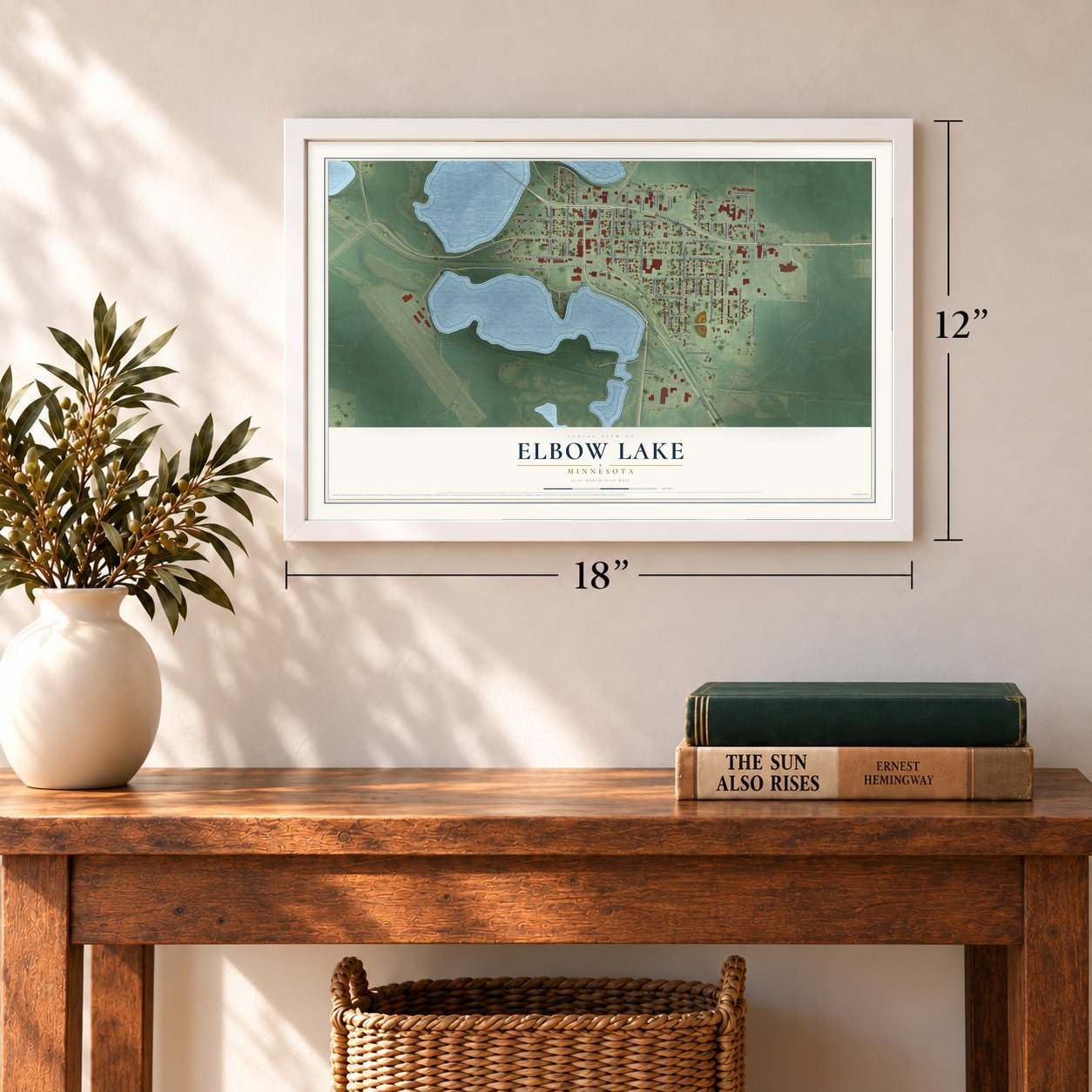 Elbow Lake, Minnesota map, 12 x 18 inch print in a white frame in an entryway