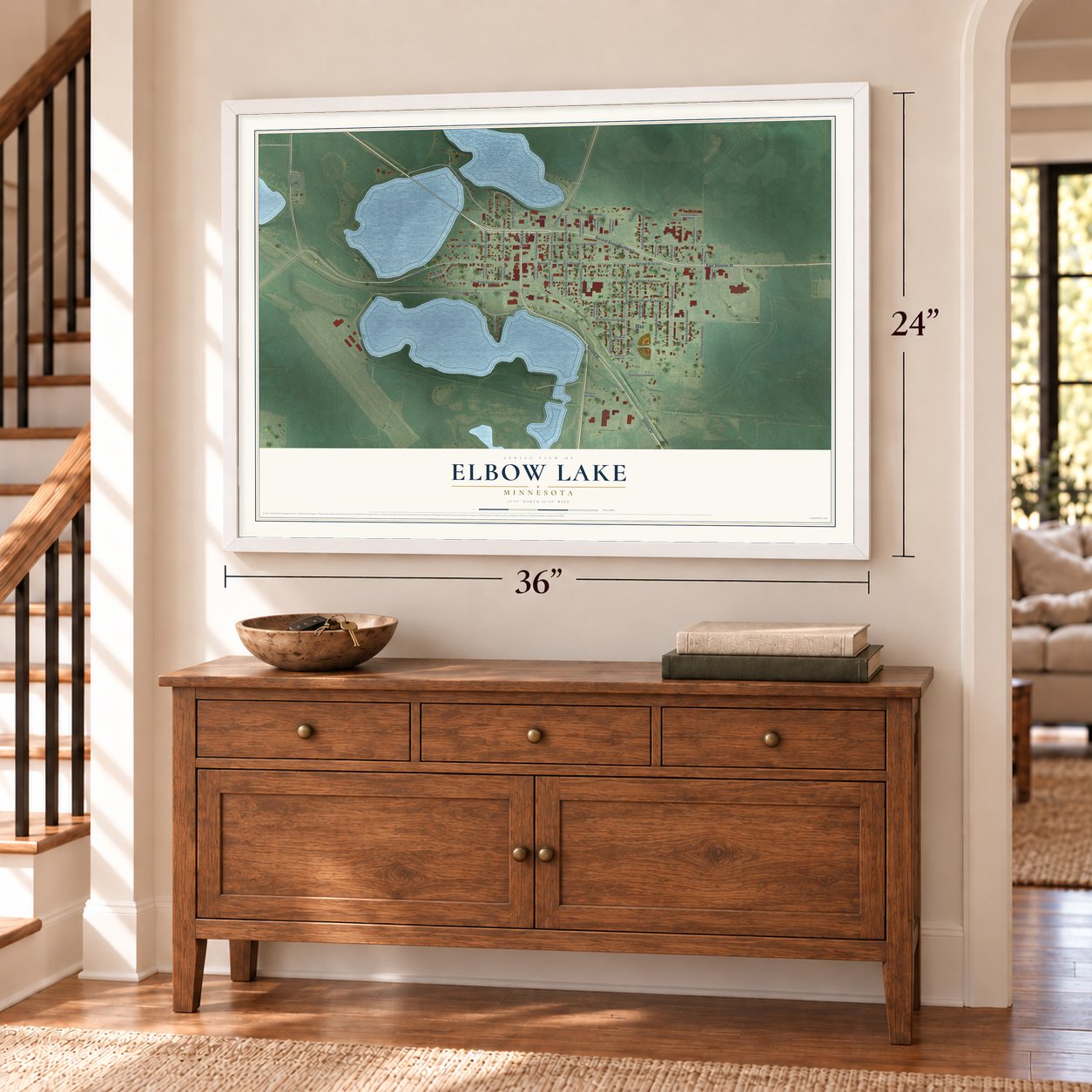 Elbow Lake, Minnesota map, 24 x 36 inch print in a white frame above a dresser by a staircase