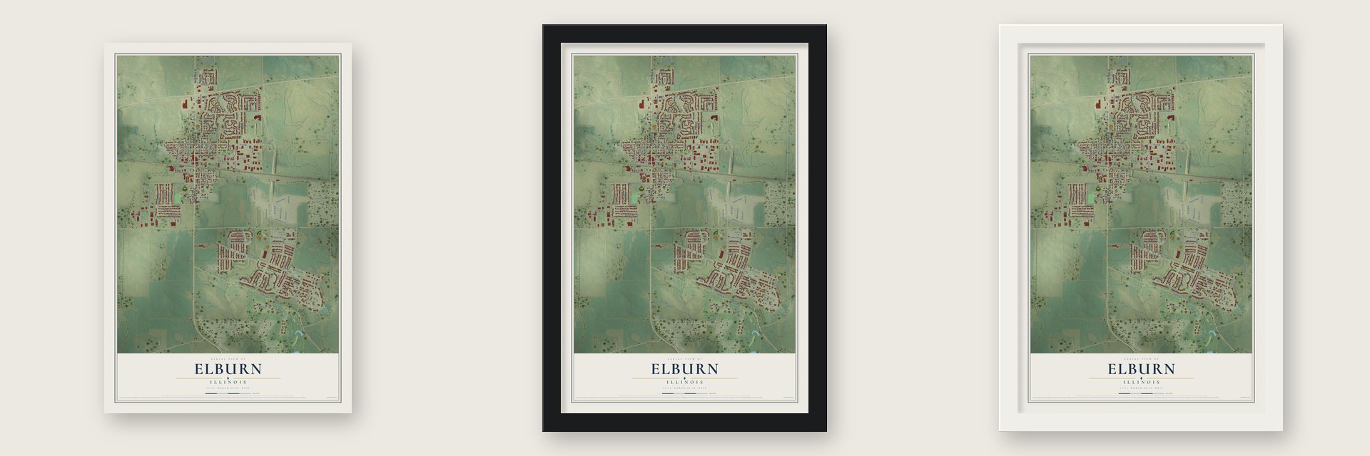 Elburn, Illinois map unframed, in a black wood frame and in a white wood frame