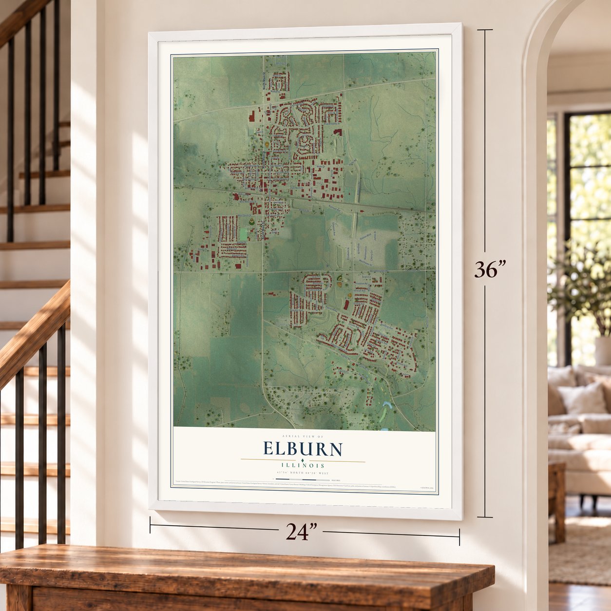 Elburn, Illinois map, 24 x 36 inch print in a white frame by a staircase