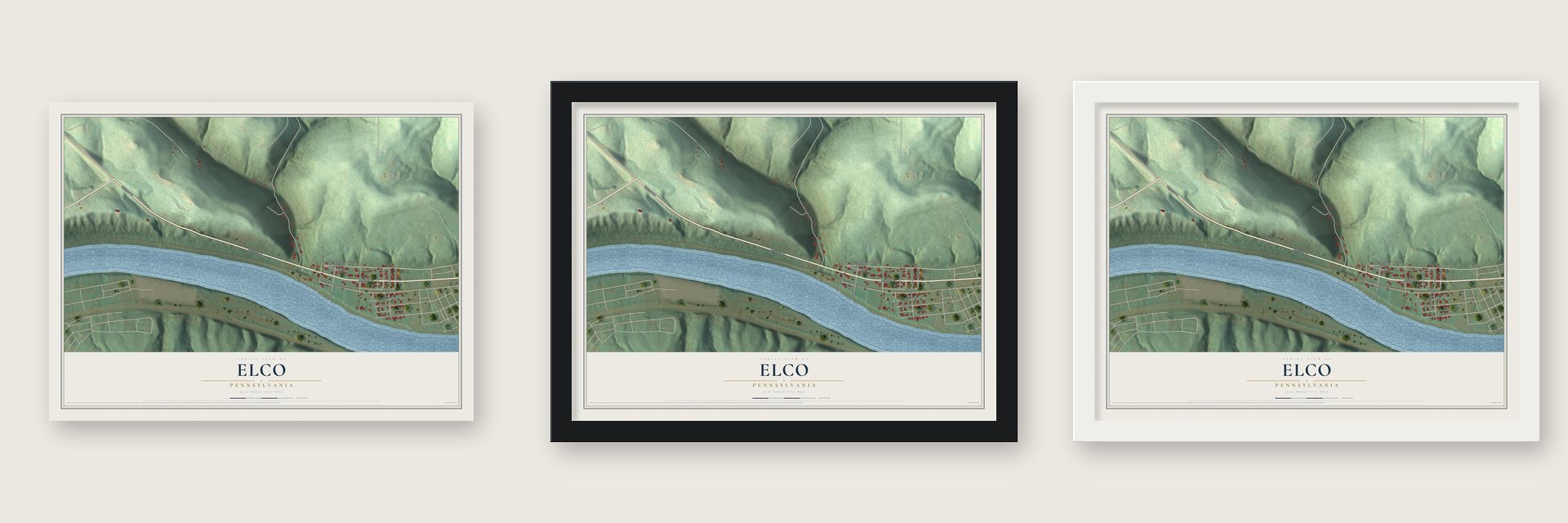 Elco, Pennsylvania map unframed, in a black wood frame and in a white wood frame