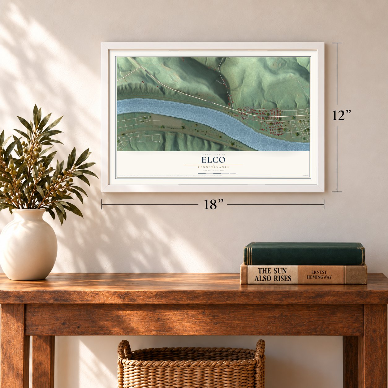 Elco, Pennsylvania map, 12 x 18 inch print in a white frame in an entryway