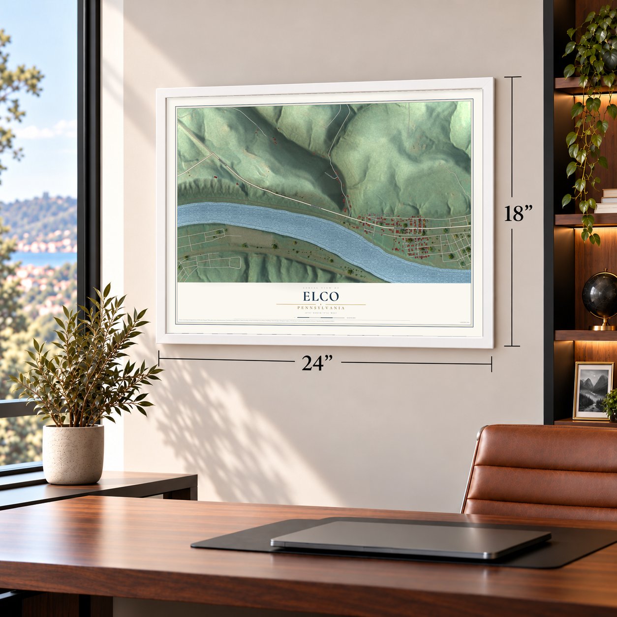 Elco, Pennsylvania map, 18 x 24 inch print in a white frame in a home office