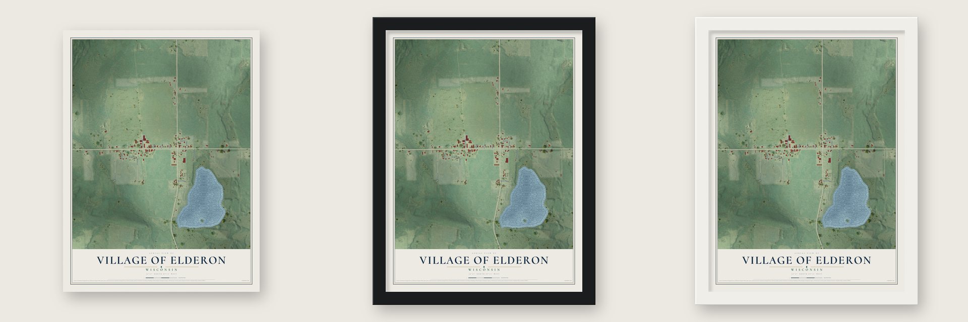 Elderon, Wisconsin map unframed, in a black wood frame and in a white wood frame