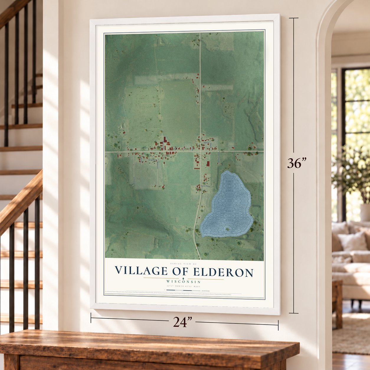 Elderon, Wisconsin map, 24 x 36 inch print in a white frame by a staircase