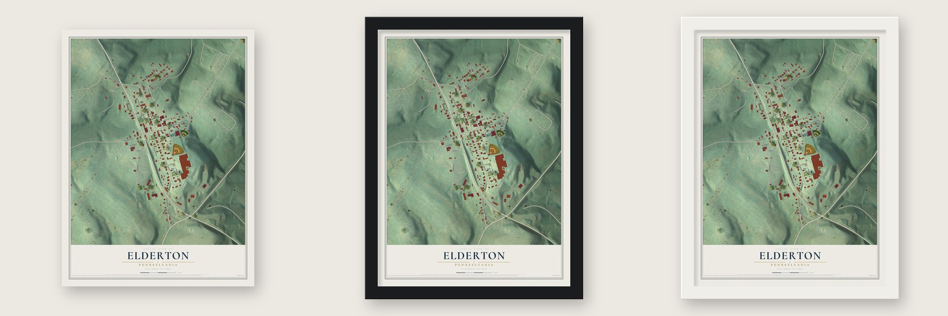 Elderton, Pennsylvania map unframed, in a black wood frame and in a white wood frame