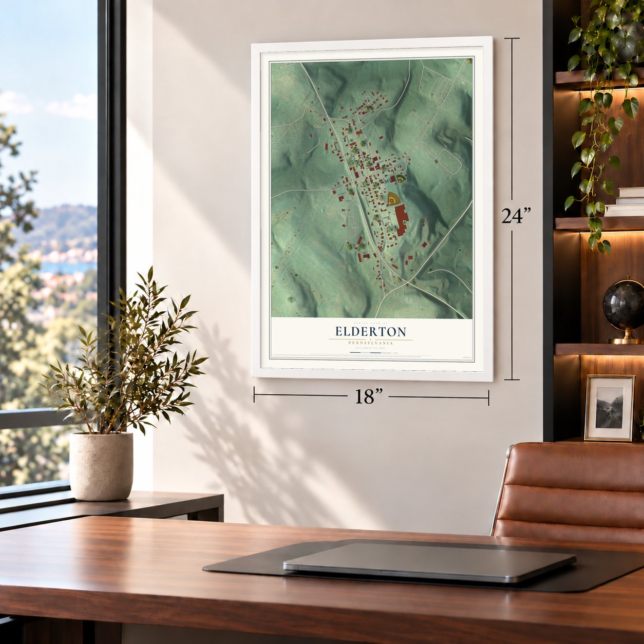 Elderton, Pennsylvania map, 18 x 24 inch print in a white frame in a home office