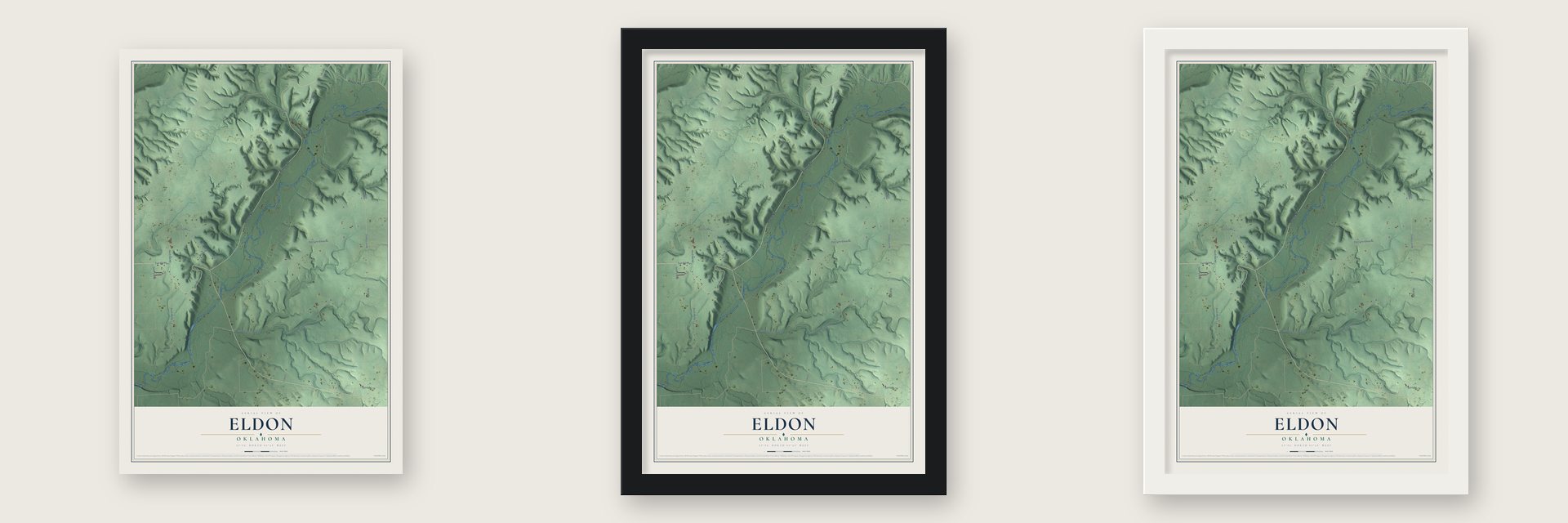 Eldon, Oklahoma map unframed, in a black wood frame and in a white wood frame