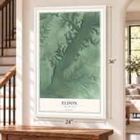 Eldon, Oklahoma map, 24 x 36 inch print in a white frame by a staircase