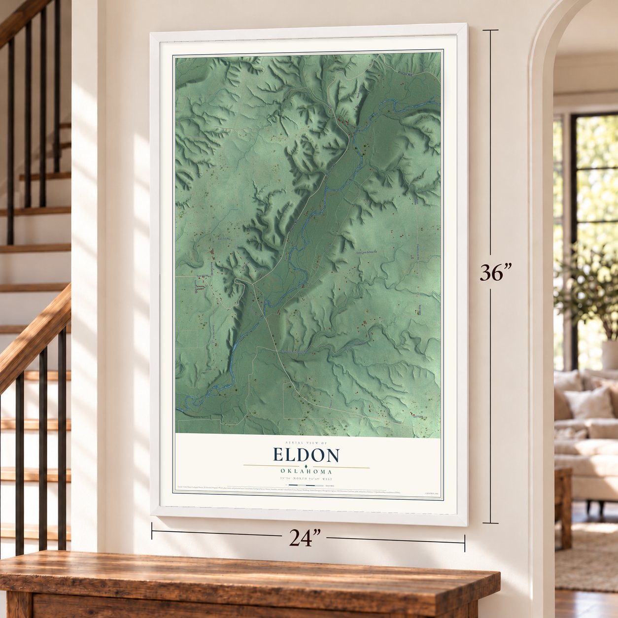 Eldon, Oklahoma map, 24 x 36 inch print in a white frame by a staircase