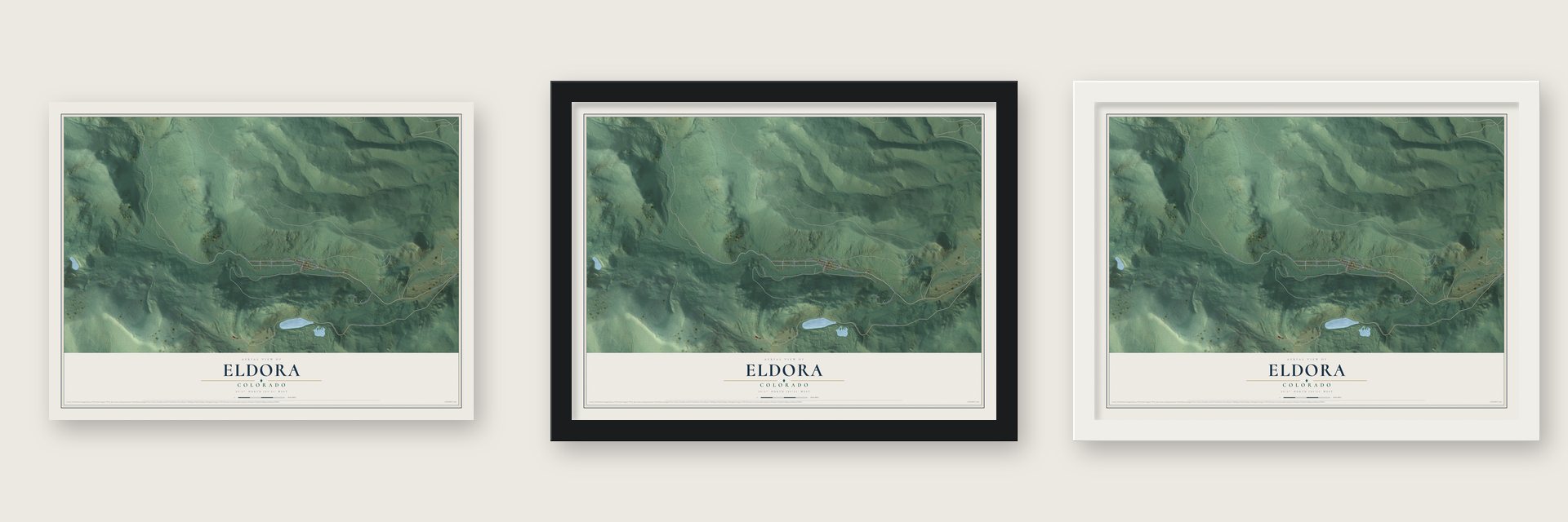 Eldora, Colorado map unframed, in a black wood frame and in a white wood frame