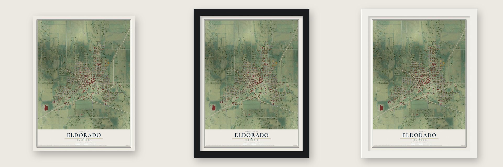 Eldorado, Illinois map unframed, in a black wood frame and in a white wood frame