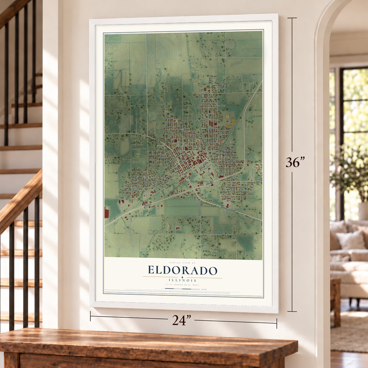 Eldorado, Illinois map, 24 x 36 inch print in a white frame by a staircase