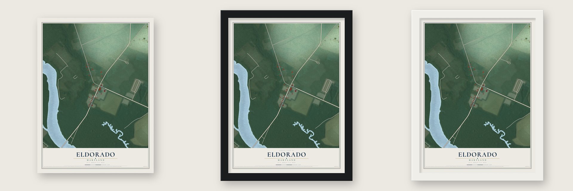 Eldorado, Maryland map unframed, in a black wood frame and in a white wood frame
