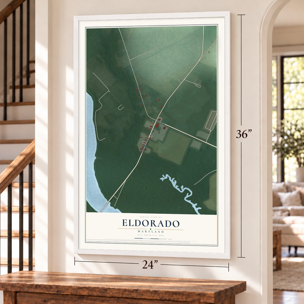 Eldorado, Maryland map, 24 x 36 inch print in a white frame by a staircase