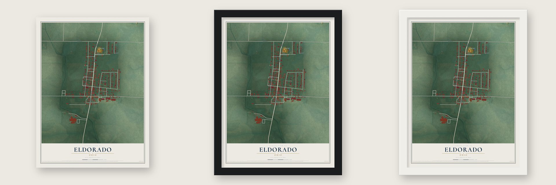 Eldorado, Ohio map unframed, in a black wood frame and in a white wood frame