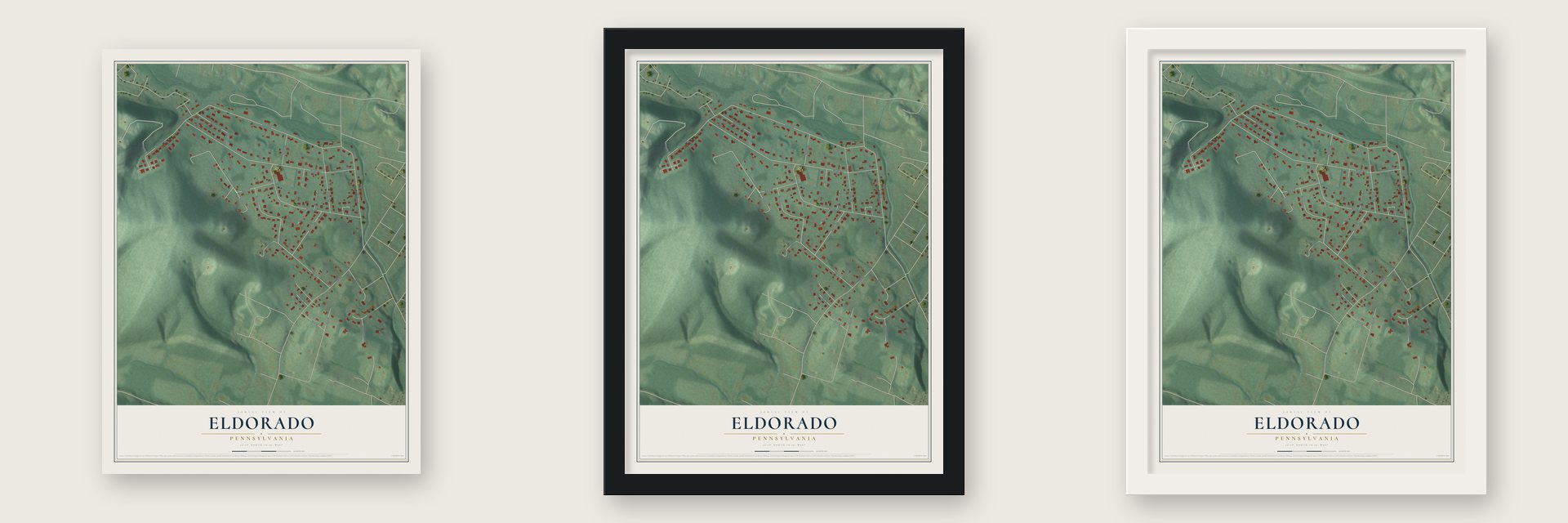 Eldorado, Pennsylvania map unframed, in a black wood frame and in a white wood frame