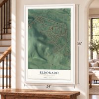Eldorado, Pennsylvania map, 24 x 36 inch print in a white frame by a staircase