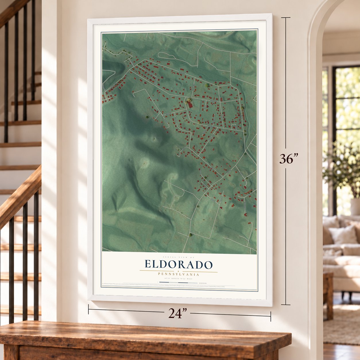 Eldorado, Pennsylvania map, 24 x 36 inch print in a white frame by a staircase